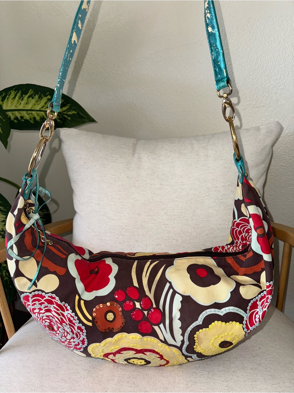 BEBE Y2K Sequined Floral Colorful Crescent Hobo Slouchy Shoulder Bag Purse VTG